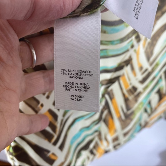 Silk Summer Tie Front Blouse Cap Sleeve Abstract Print Aqua Orange Brown… - Picture 5 of 8